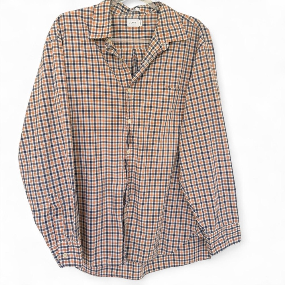 J.Crew 100% cotton white orange and navy blue plaid button down shirt preppy